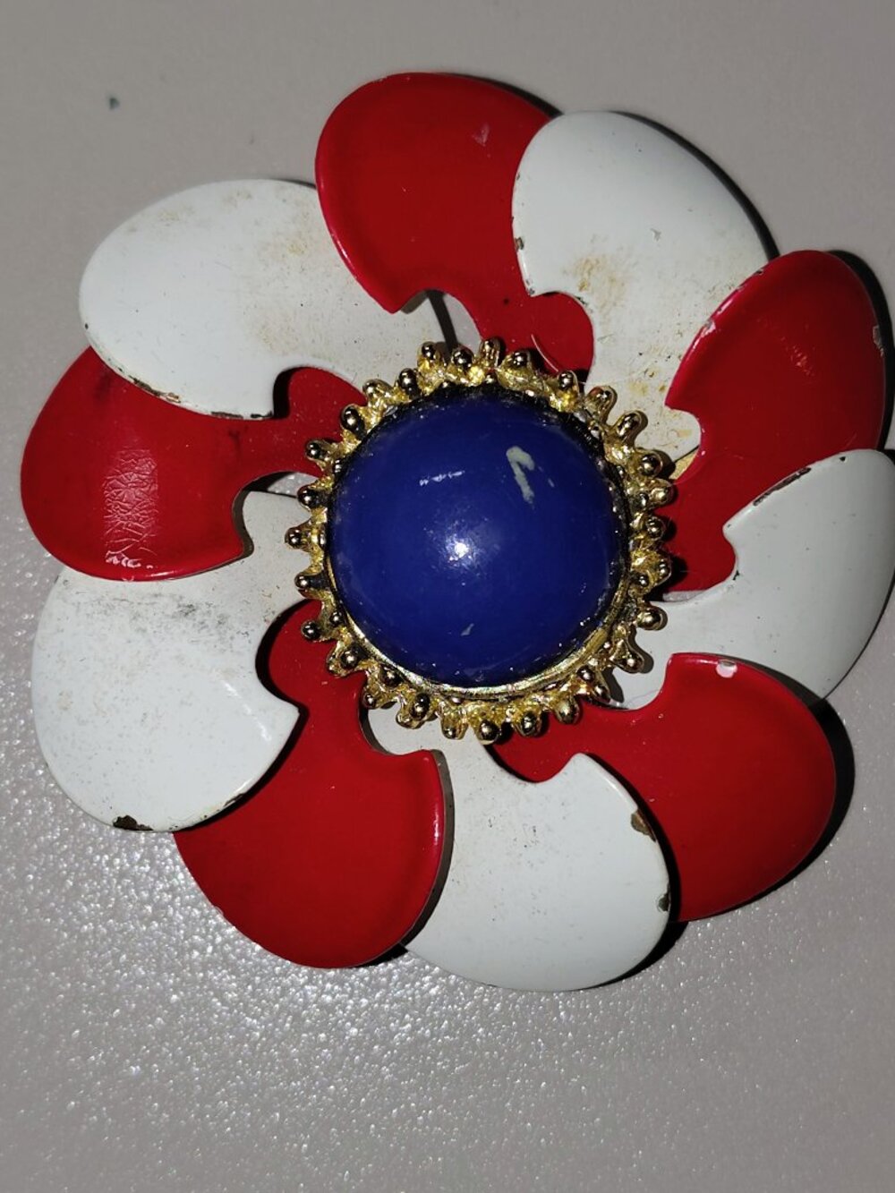 Vintage Red White Blue Enamel Flower Brooch • Patriotic Mod 1960s